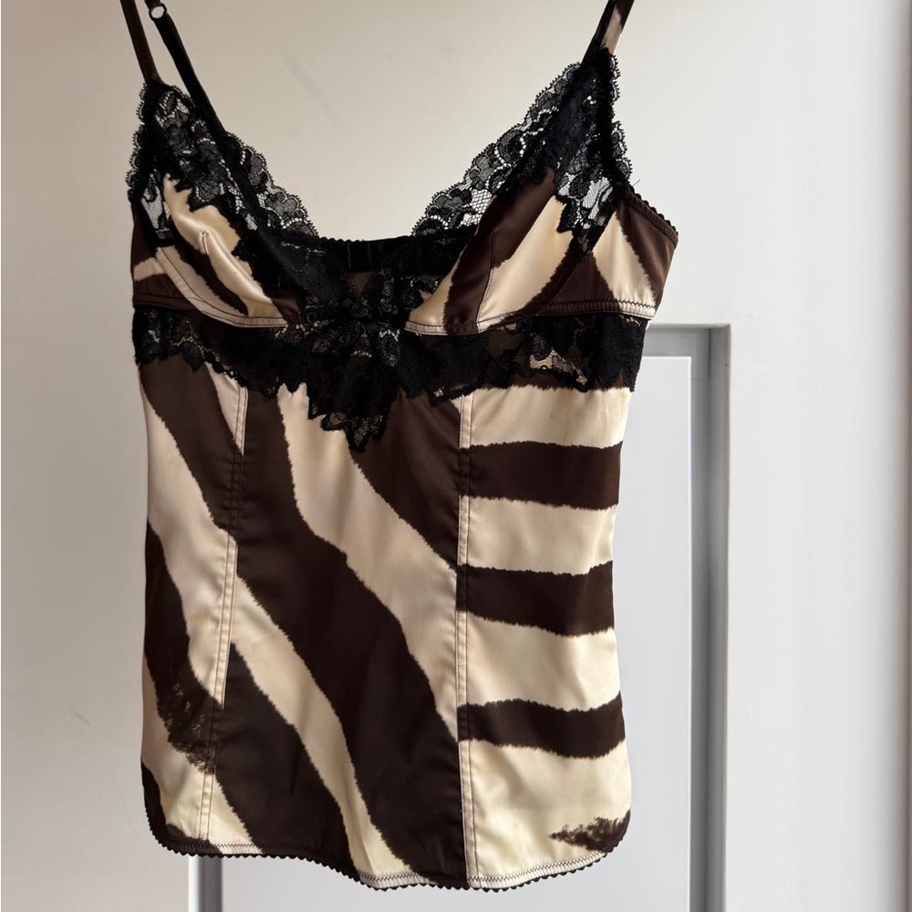 Dolce and Gabbana Zebra-Print Lace-Trim Slip Top